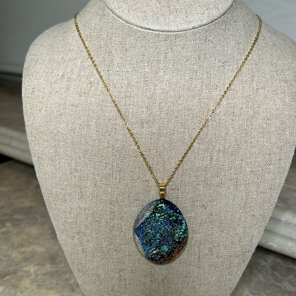Dichroic fused glass pendant with chain